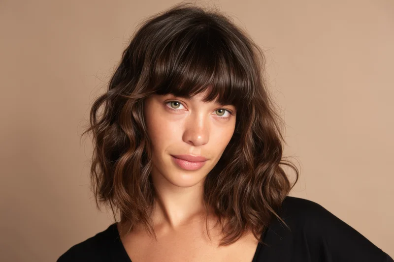 Young woman with shoulder-length wavy brown hair and bangs, wearing black top, in studio portrait against beige background