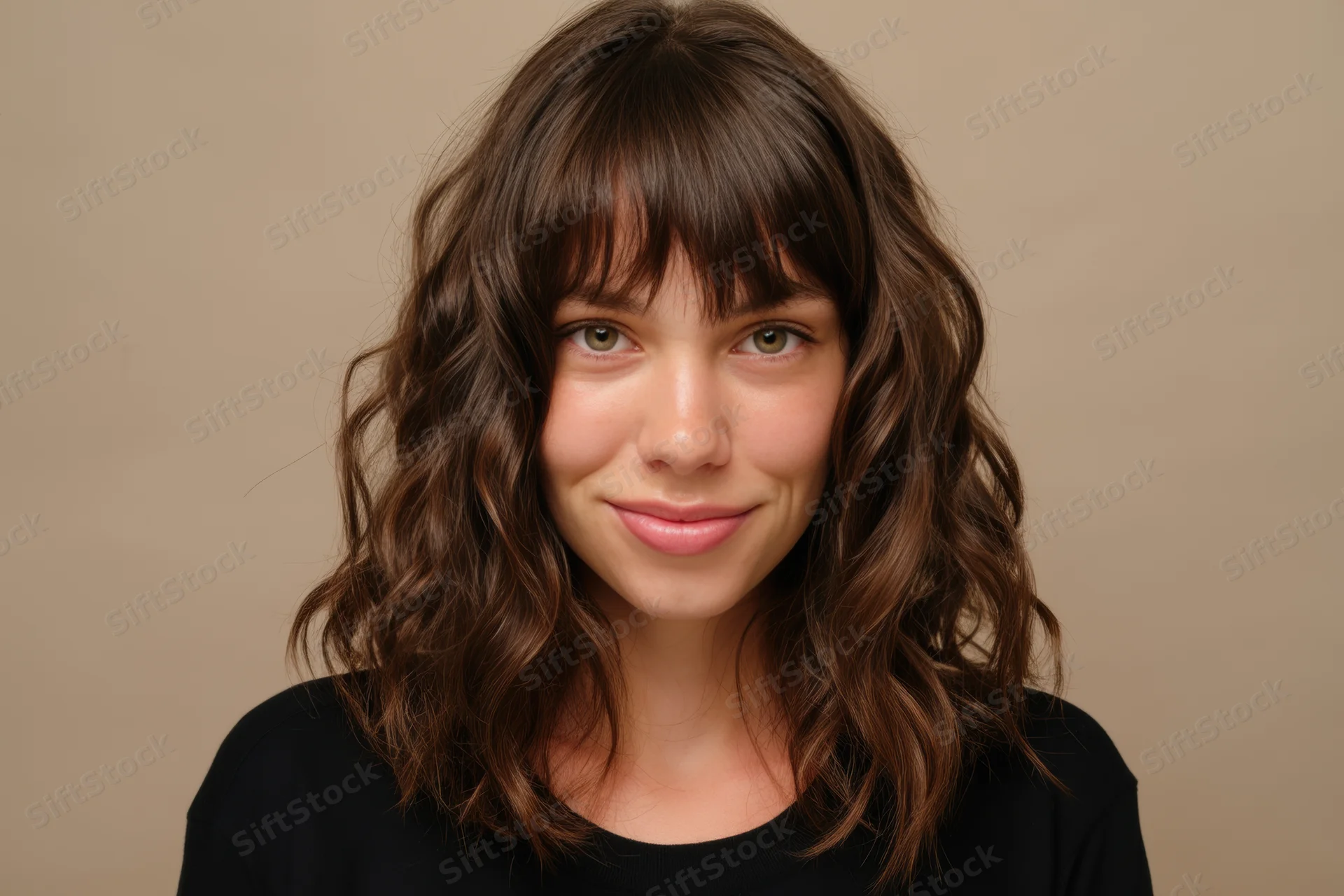 Young woman with shoulder-length wavy brown hair and bangs smiling in a studio portrait