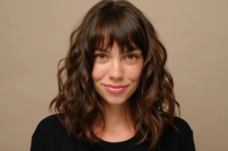 Young woman with shoulder-length wavy brown hair and bangs smiling in a studio portrait