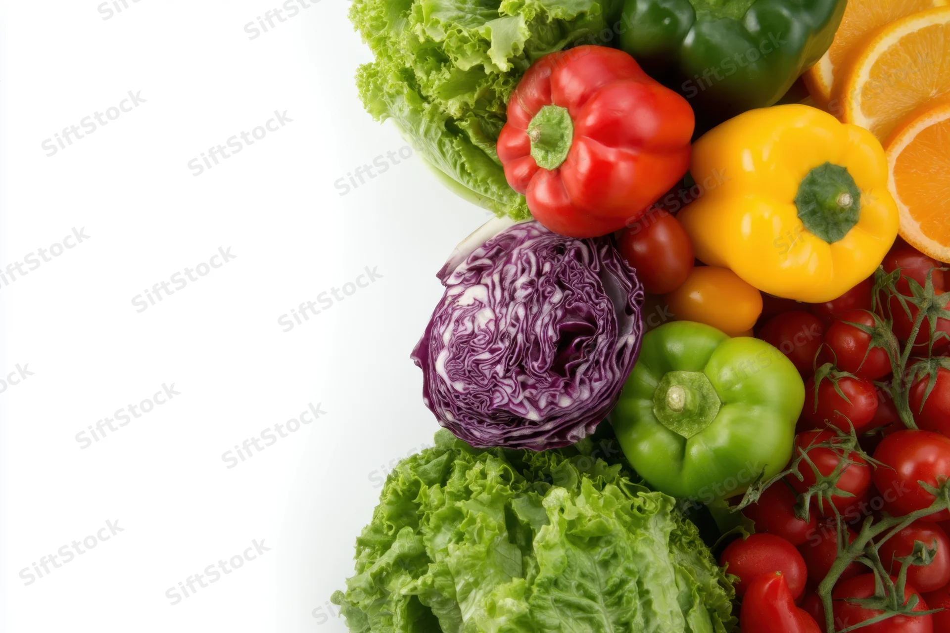 Fresh vegetables and fruits arranged along the left edge on a white background