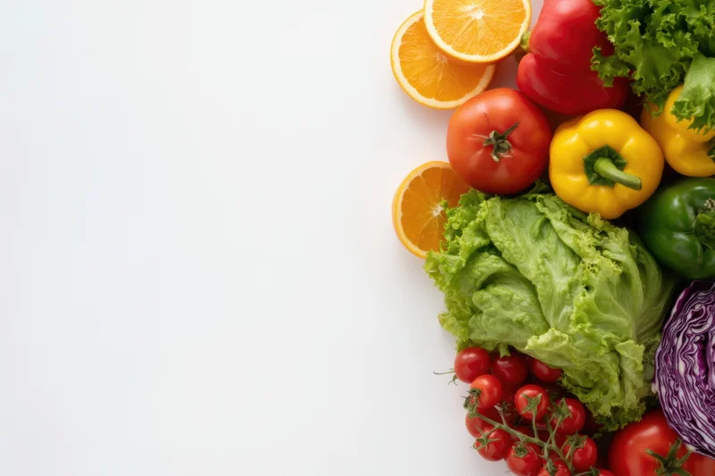 Fresh vegetables and fruits arranged along the left edge on a white surface