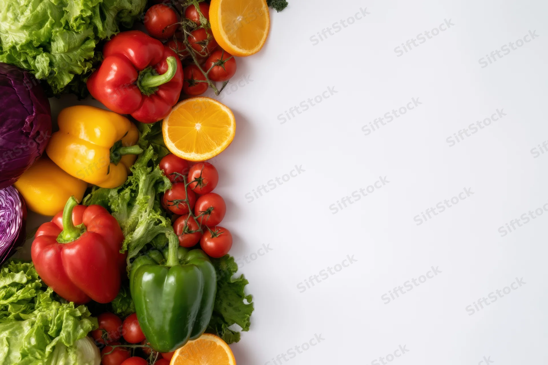 Fresh vegetables and fruits arranged along left edge on white surface with copyspace