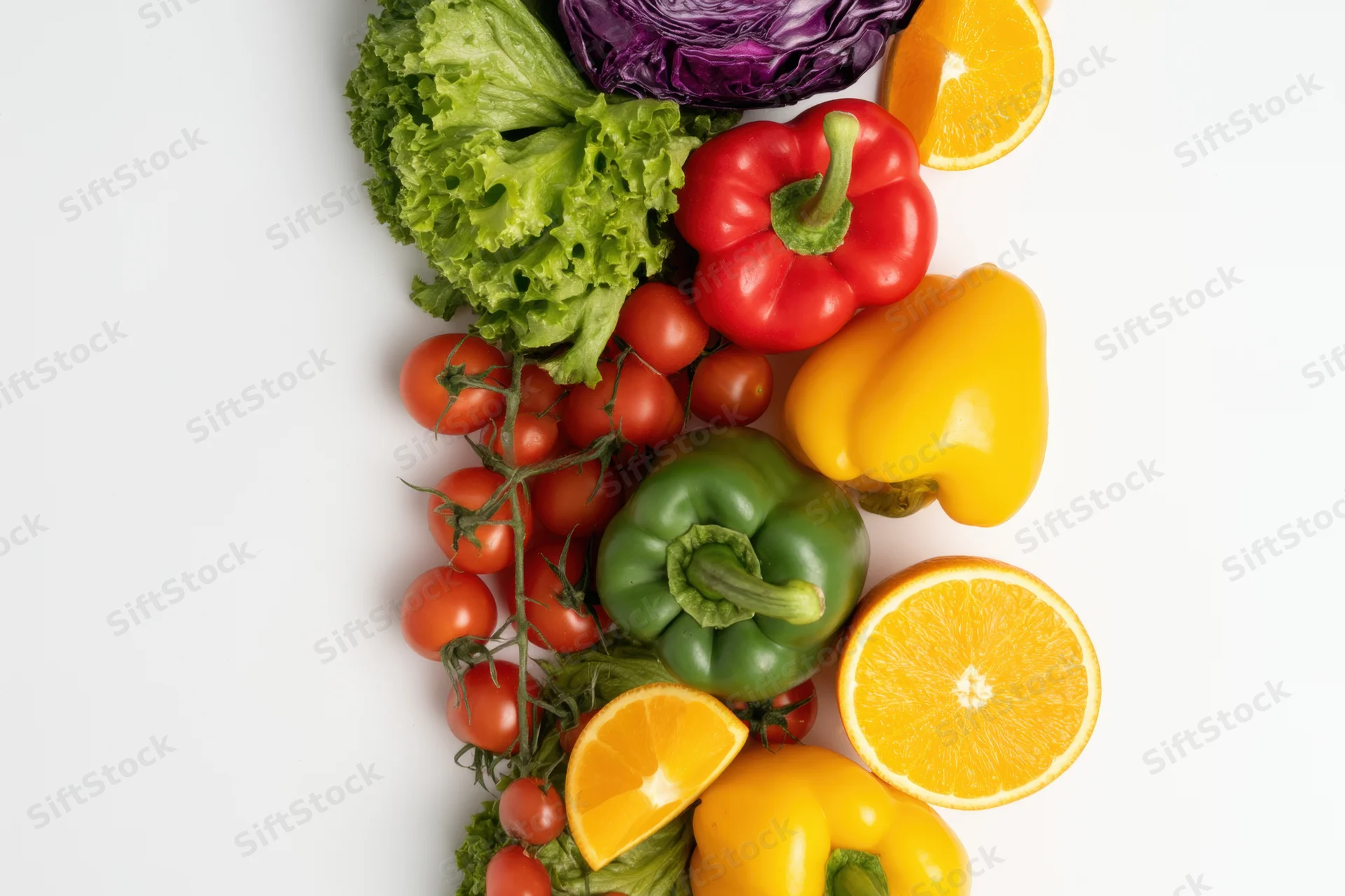 Fresh vegetables and fruits arranged along the left edge on white background