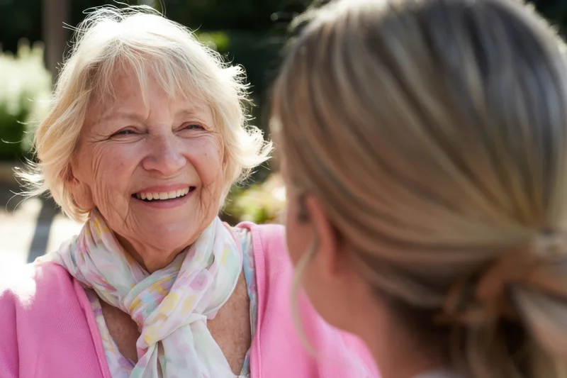 Elderly woman smiling warmly while chatting with a younger woman in a sunlit garden
