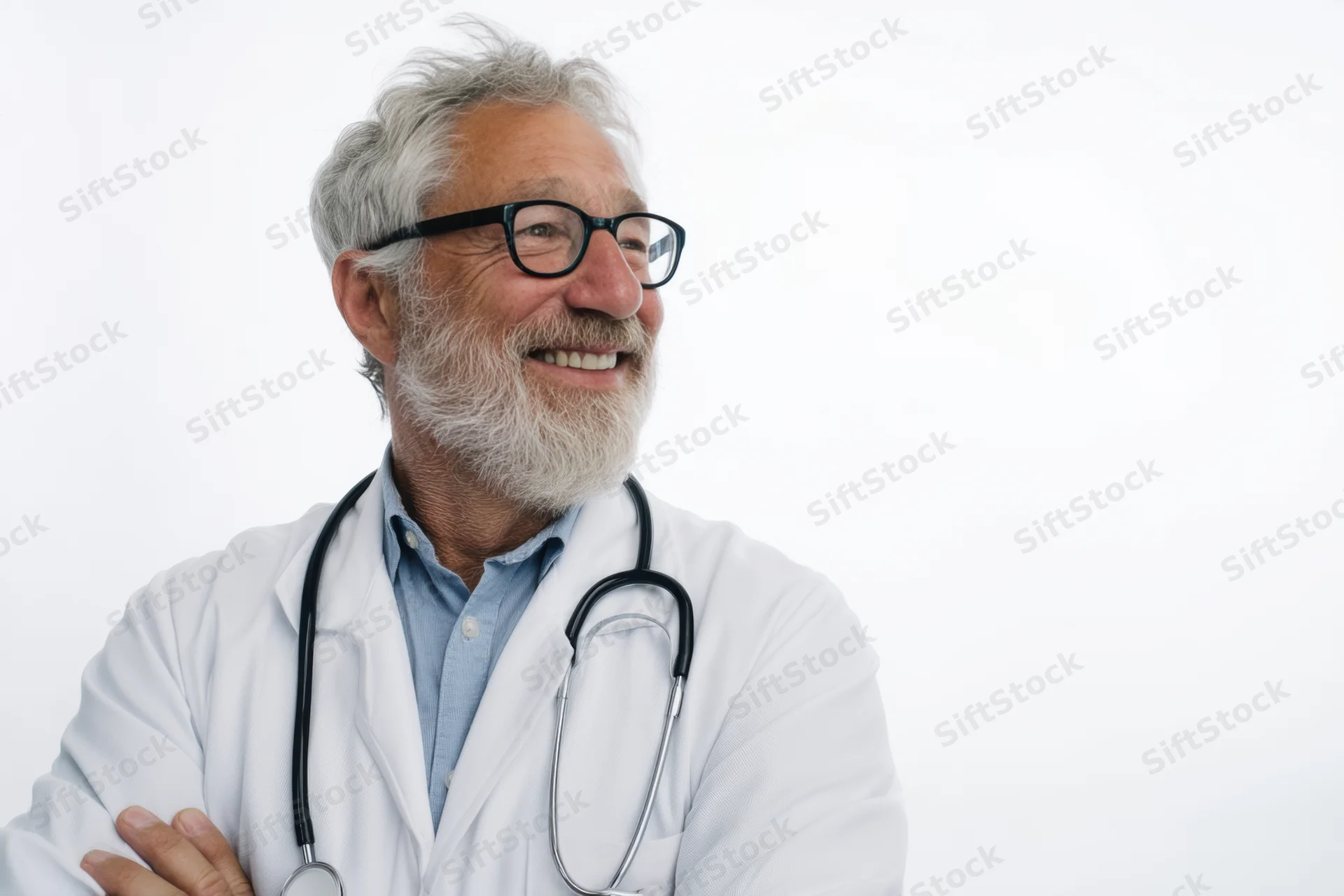 Senior male doctor with gray hair and glasses smiling with arms crossed in a white lab coat