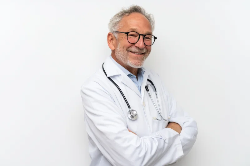 Senior male doctor in white coat with stethoscope smiling with arms crossed against white background