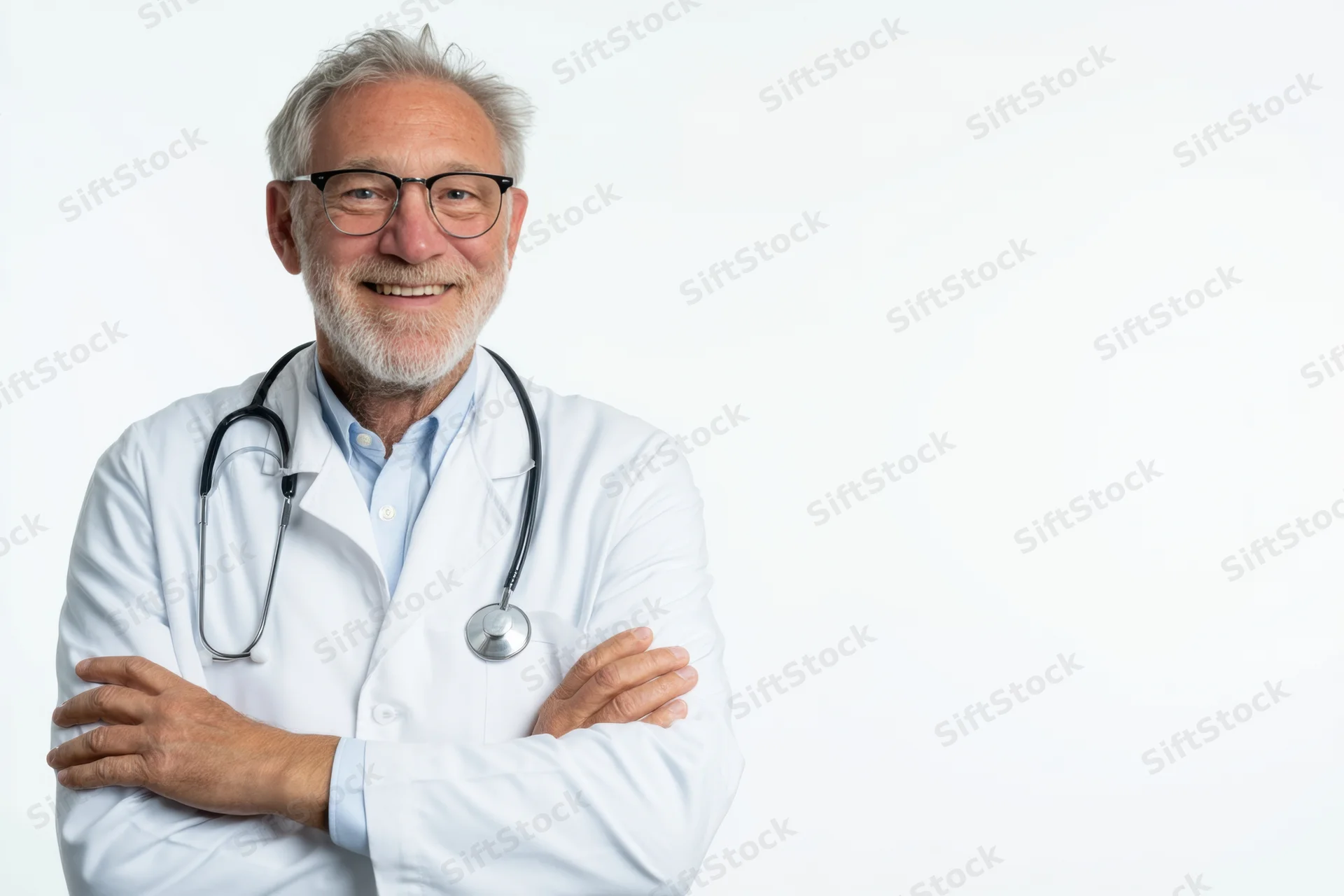 Senior male doctor in white lab coat with stethoscope smiling with arms crossed against white background