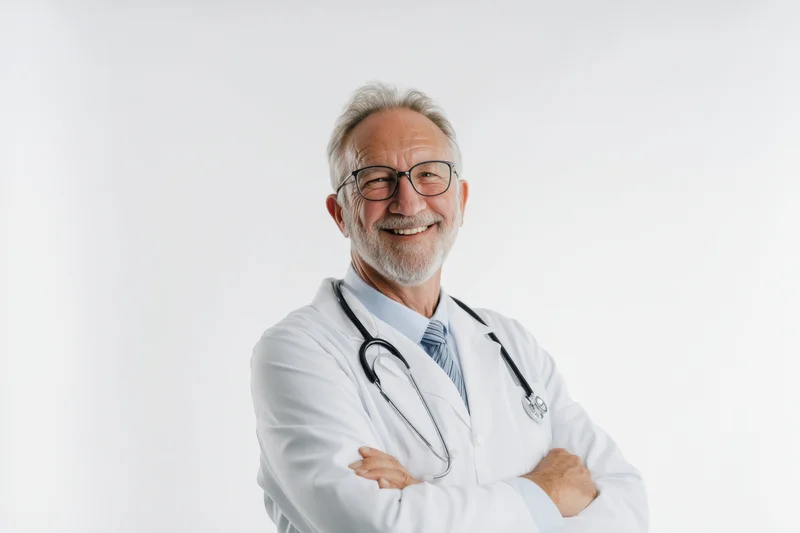Senior male doctor in white coat with stethoscope smiling with arms crossed against white background