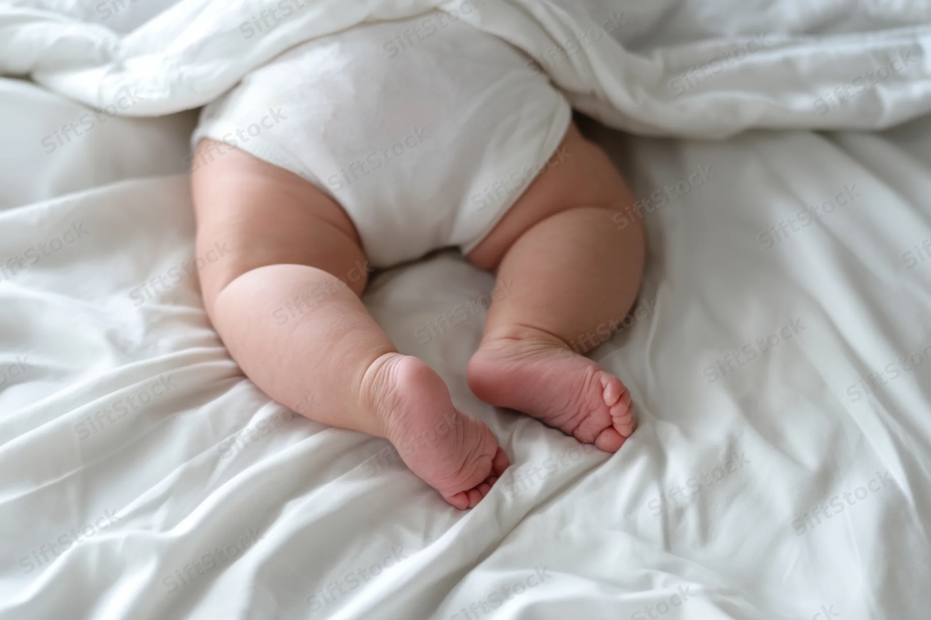 Baby's chubby legs and tiny feet curled on white bedding