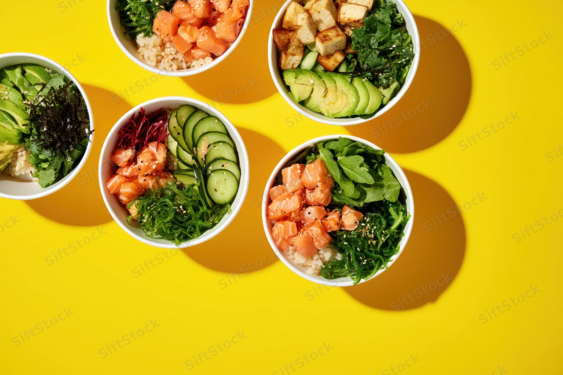 Five poke bowls with salmon, avocado, cucumber, seaweed and rice arranged on a yellow surface in a flat lay overhead view
