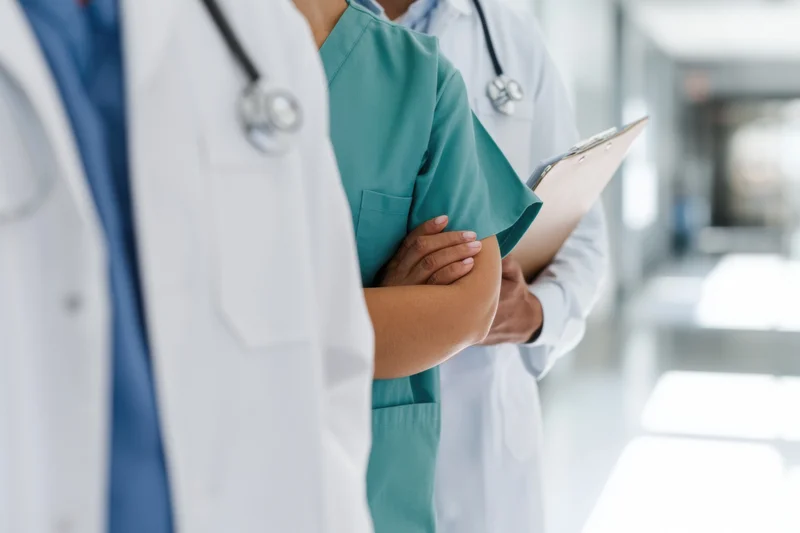 Doctors and a nurse standing in a hospital corridor with stethoscopes and a clipboard