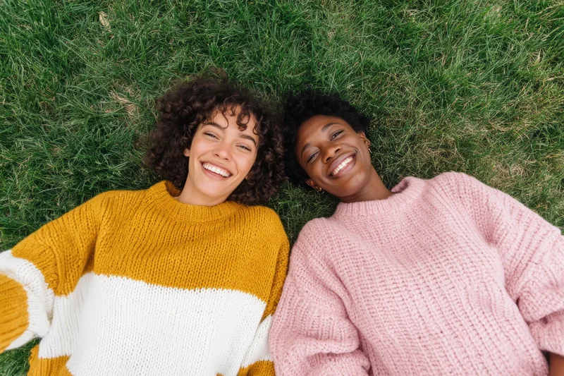 Two women lying on grass smiling up at camera