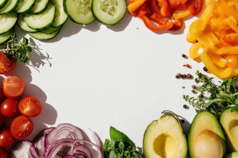 Sliced vegetables arranged in a border around a white surface with copyspace