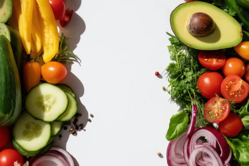 Vibrant vegetables arranged along sides of white surface framing central copyspace