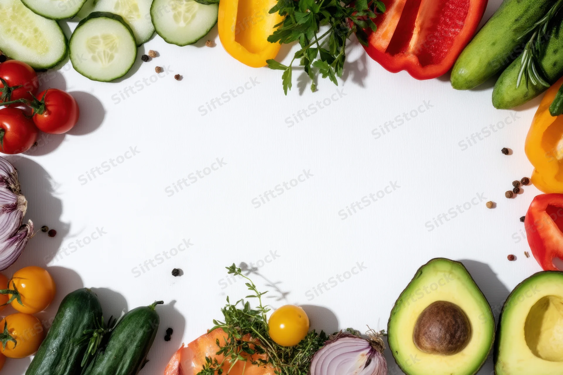 Vibrant vegetables arranged in a frame around a white surface with copyspace
