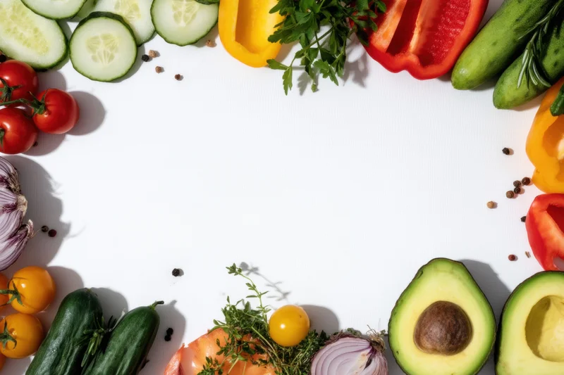 Vibrant vegetables arranged in a frame around a white surface with copyspace