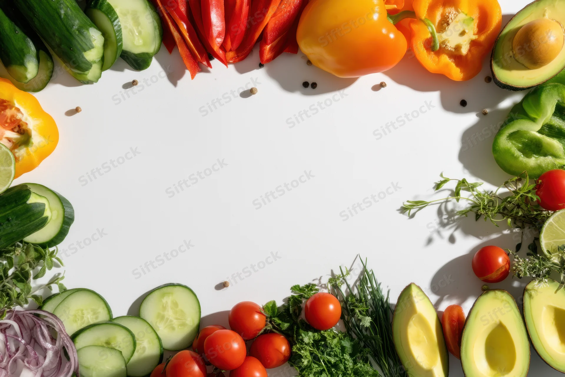 Vibrant vegetables arranged along the sides to frame a white copyspace in a flat lay top view