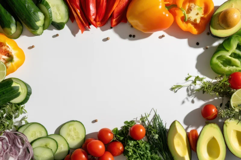 Vibrant vegetables arranged along the sides to frame a white copyspace in a flat lay top view