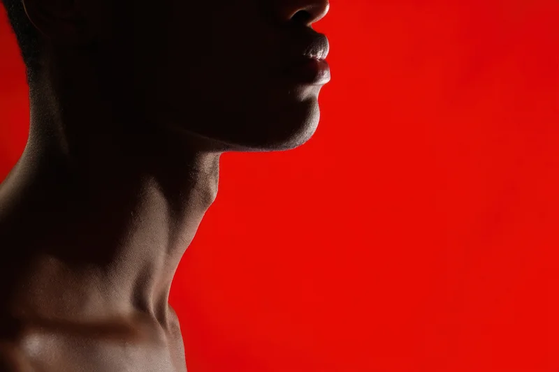 Silhouette of a man in profile against a bold red background