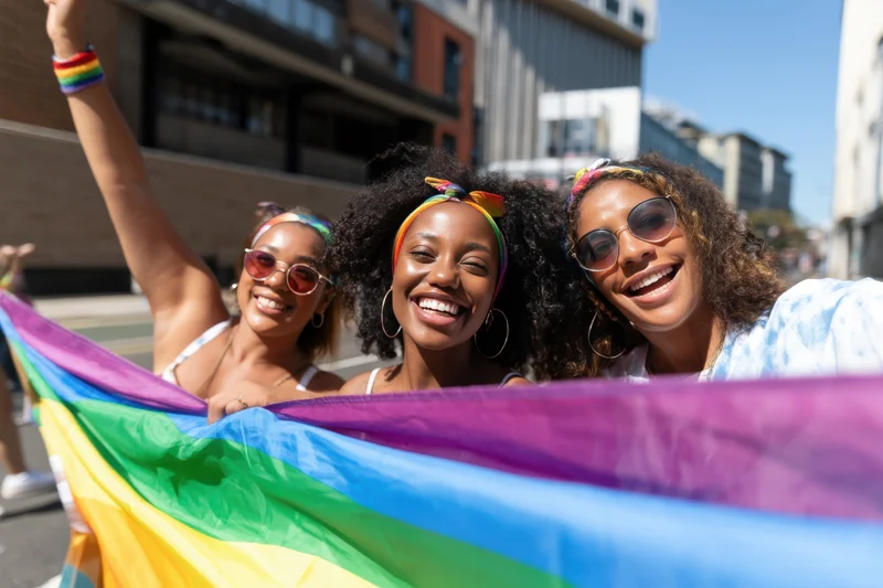Three women smiling and waving a rainbow flag in a city street during a pride parade