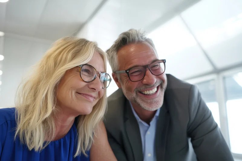 Two colleagues smiling together in a bright modern office