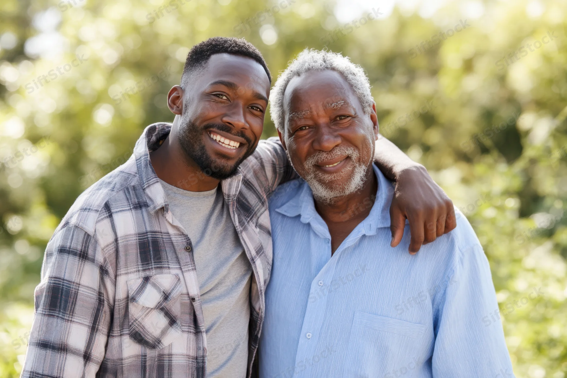 Two black men smiling and embracing outdoors with trees in the background