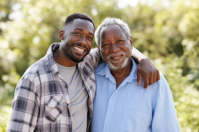 Two black men smiling and embracing outdoors with trees in the background