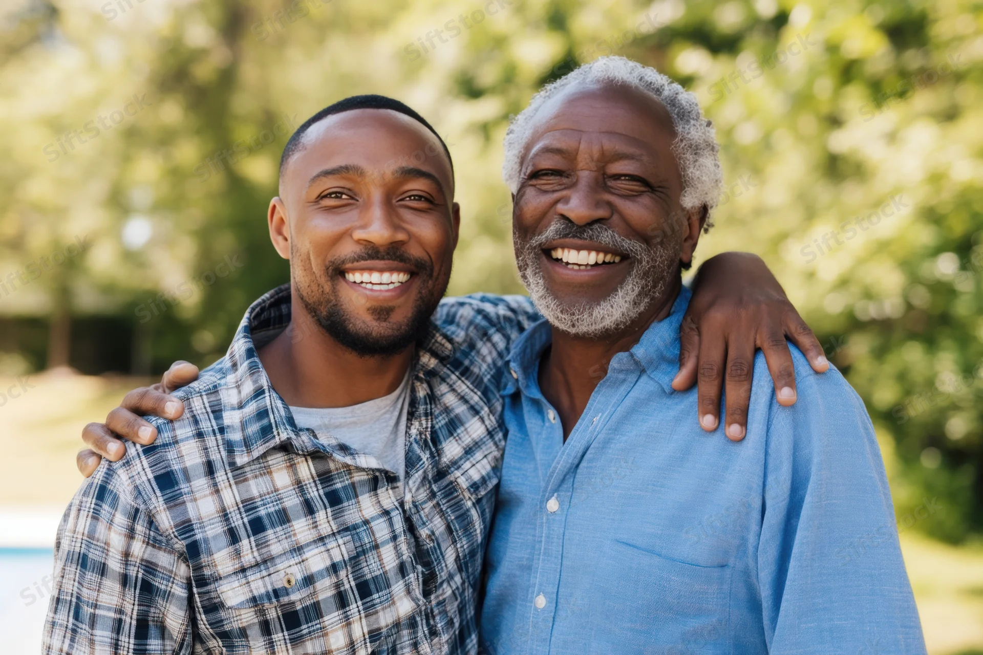Two black men smiling and embracing outdoors in a park, one younger in a plaid shirt and one older in a blue button-up, arms around each other’s shoulders
