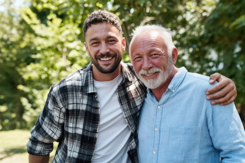 Two men smiling and embracing outdoors in a park with trees and sunlight