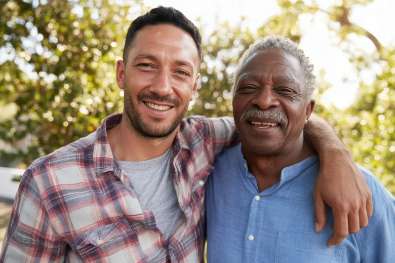 Two men smiling together outdoors with arms around each other in a garden setting