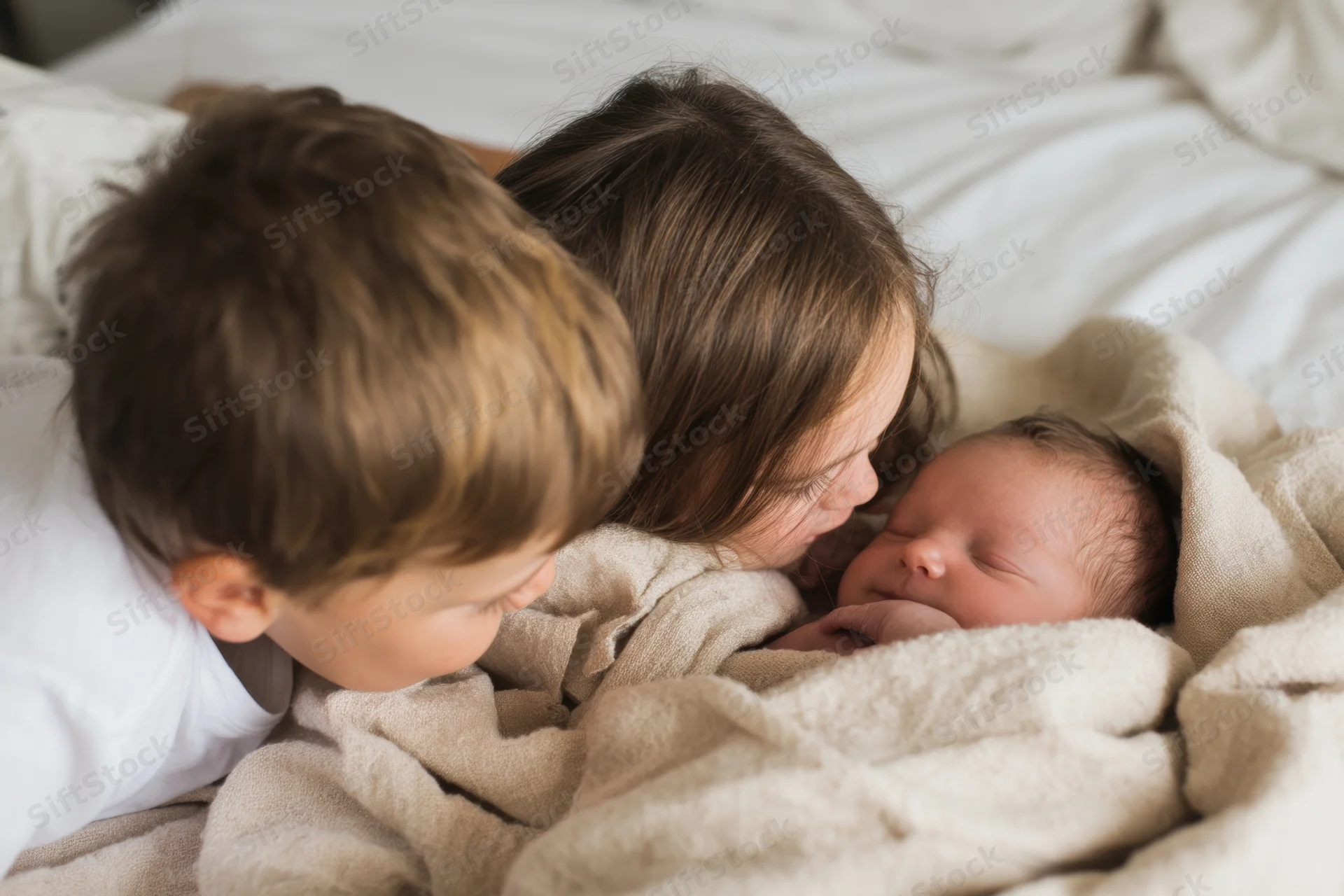 Two siblings leaning over a sleeping newborn in bed wrapped in a blanket