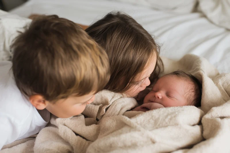 Two siblings leaning over a sleeping newborn in bed wrapped in a blanket