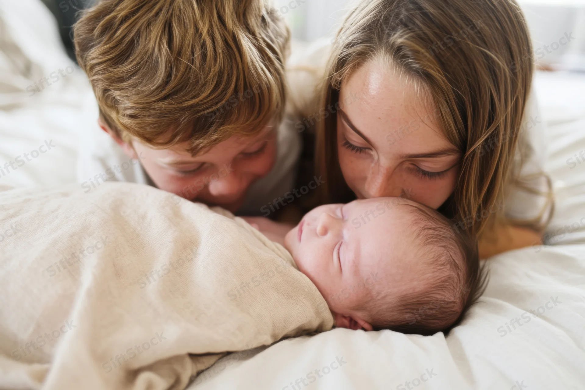 Mother and young boy leaning over sleeping newborn wrapped in blanket on bed
