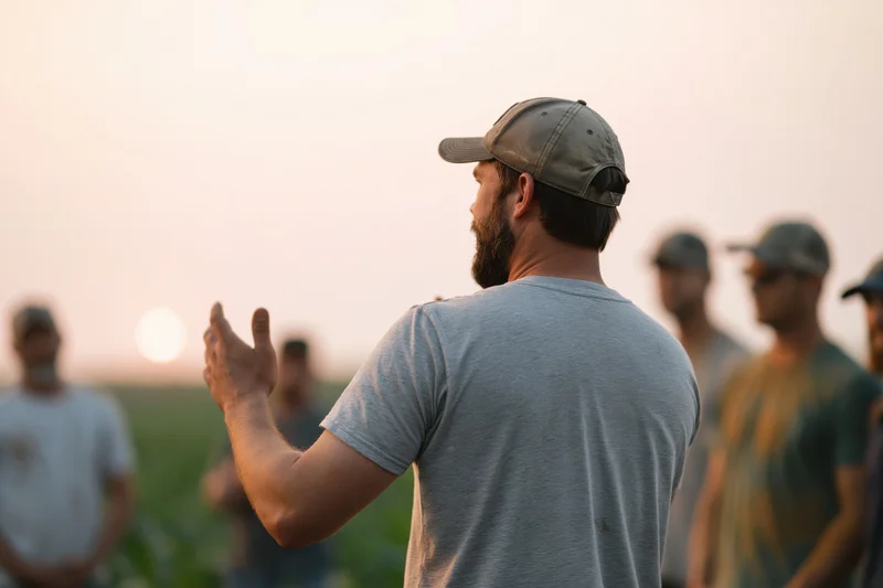Bearded farmer in baseball cap speaking to group in cornfield at sunset