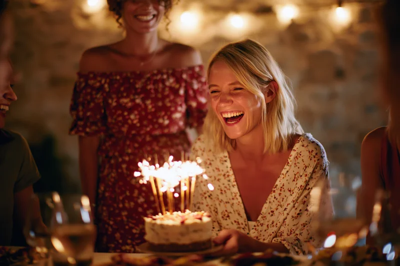 Blonde woman laughing while holding a small birthday cake with sparklers at an indoor evening party