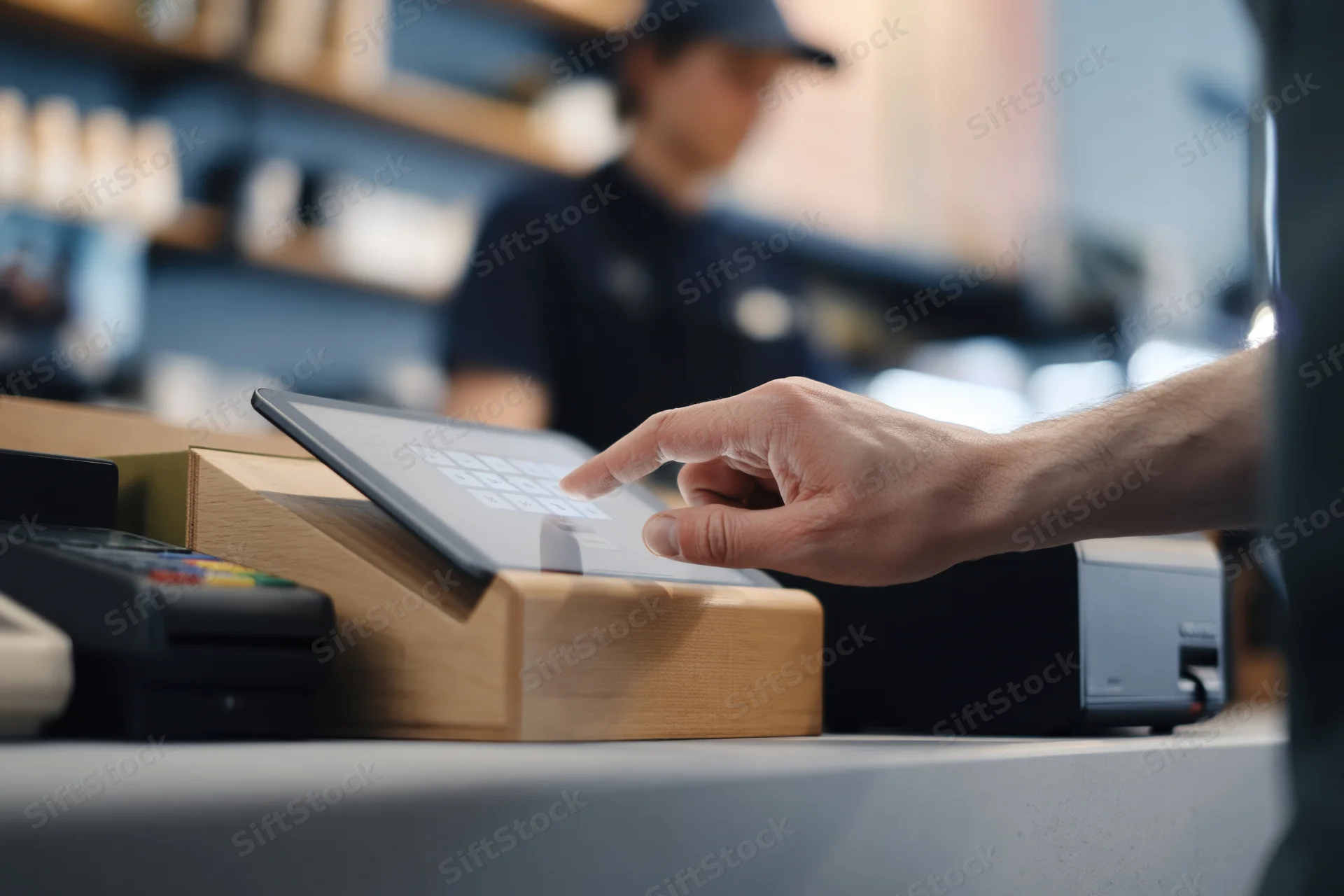 Cashier's hand tapping tablet point-of-sale screen at store counter