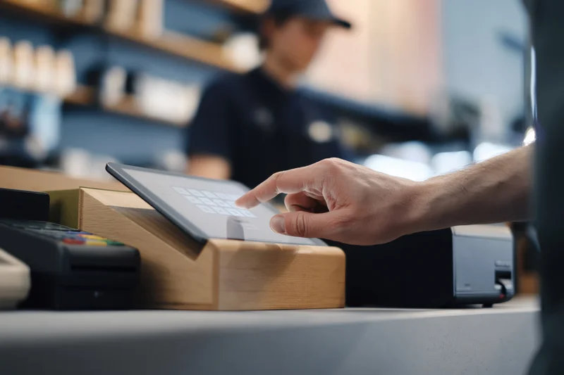Cashier's hand tapping tablet point-of-sale screen at store counter