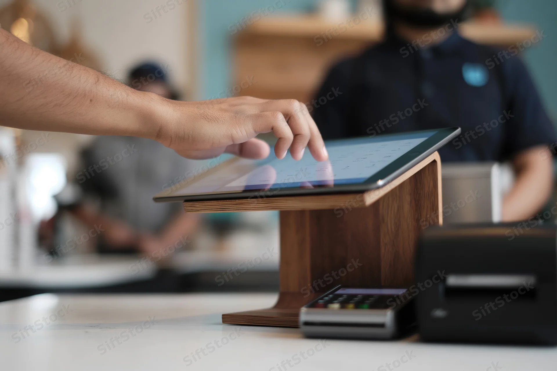 Hand tapping tablet point-of-sale screen at retail counter