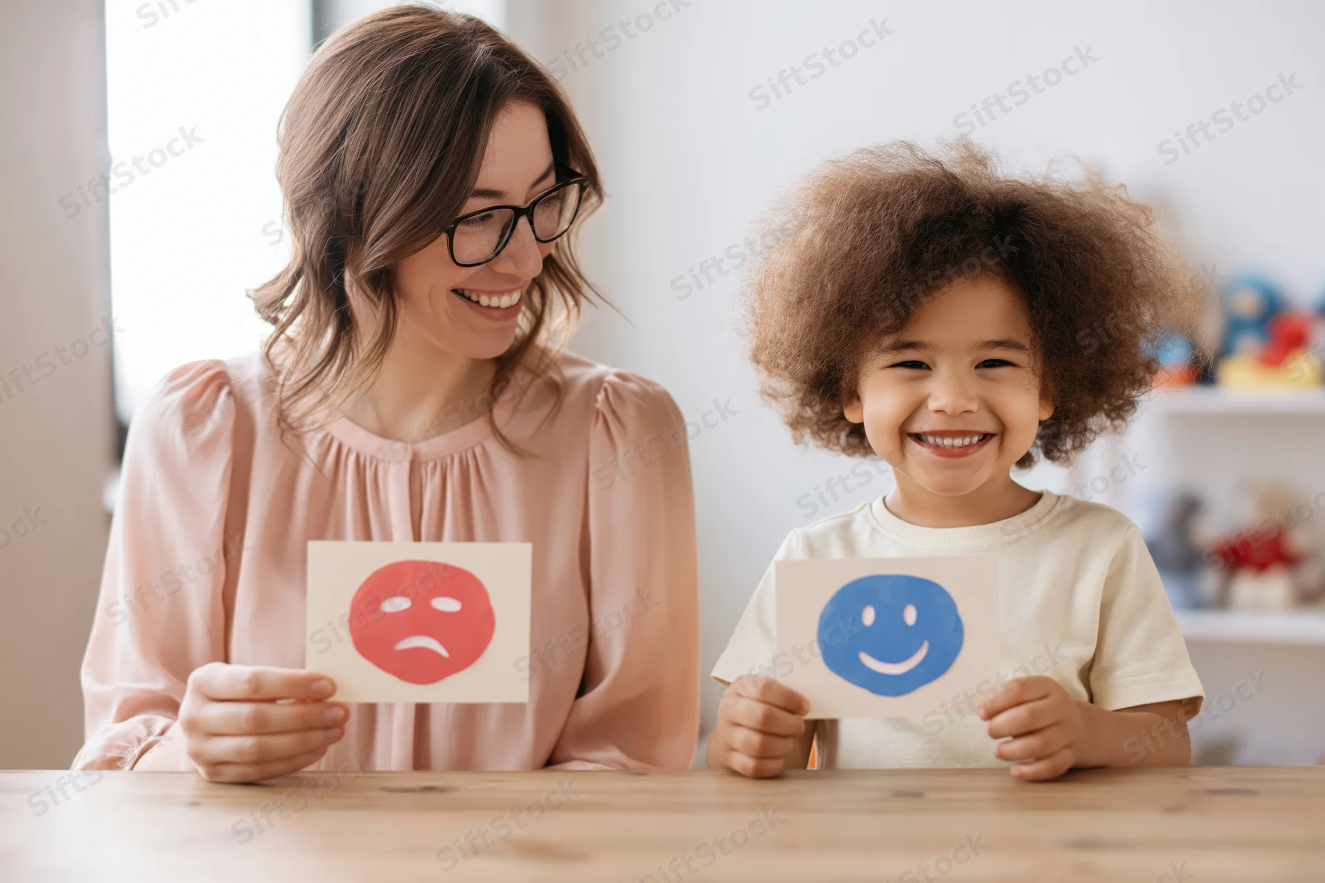 Child therapist and young child holding emotion cards at table in therapy office