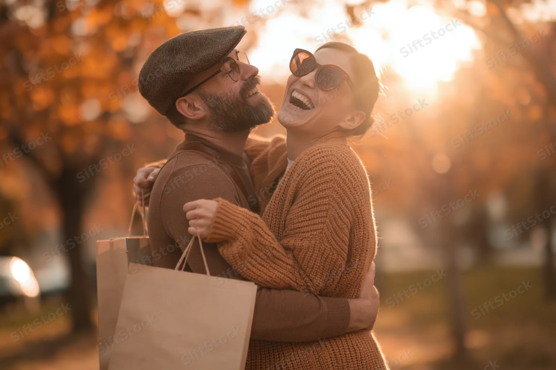 Couple embracing and laughing in a city park during autumn with shopping bags and warm sunlight