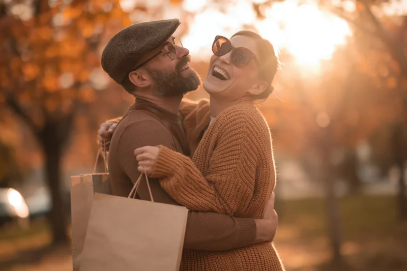 Couple embracing and laughing in a city park during autumn with shopping bags and warm sunlight