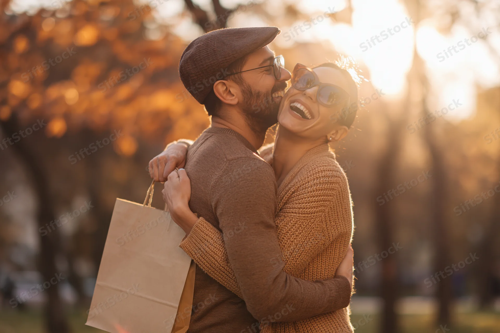 Couple embracing and laughing in a park during autumn with shopping bag