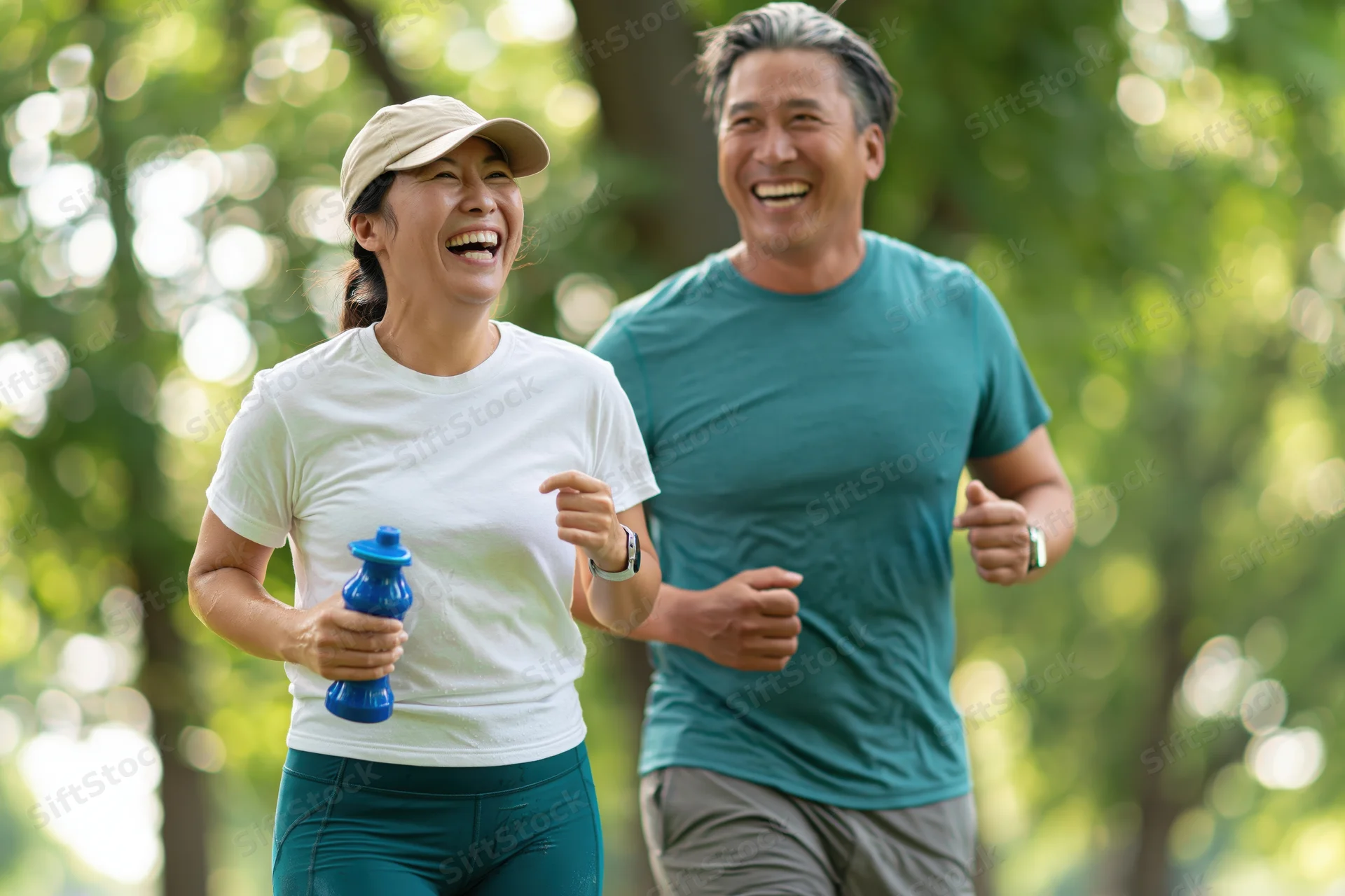 Couple jogging together in a park laughing mid-run