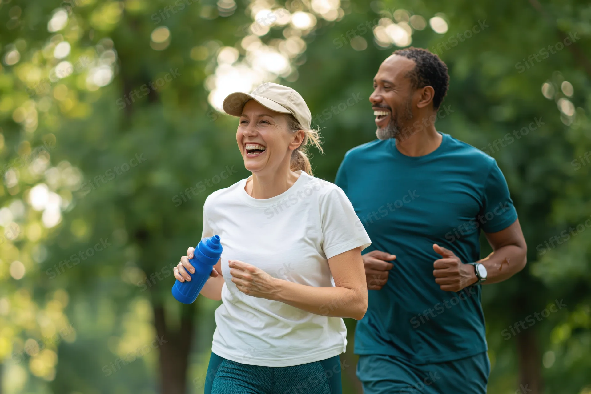 Couple jogging together through a park laughing mid-stride