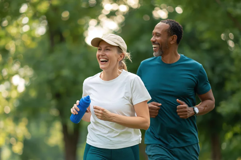 Couple jogging together through a park laughing mid-stride