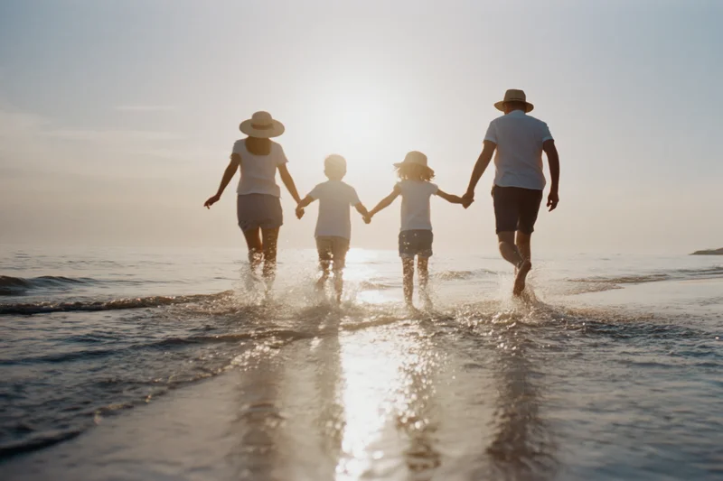 Family of four holding hands running through shallow water at beach during sunset