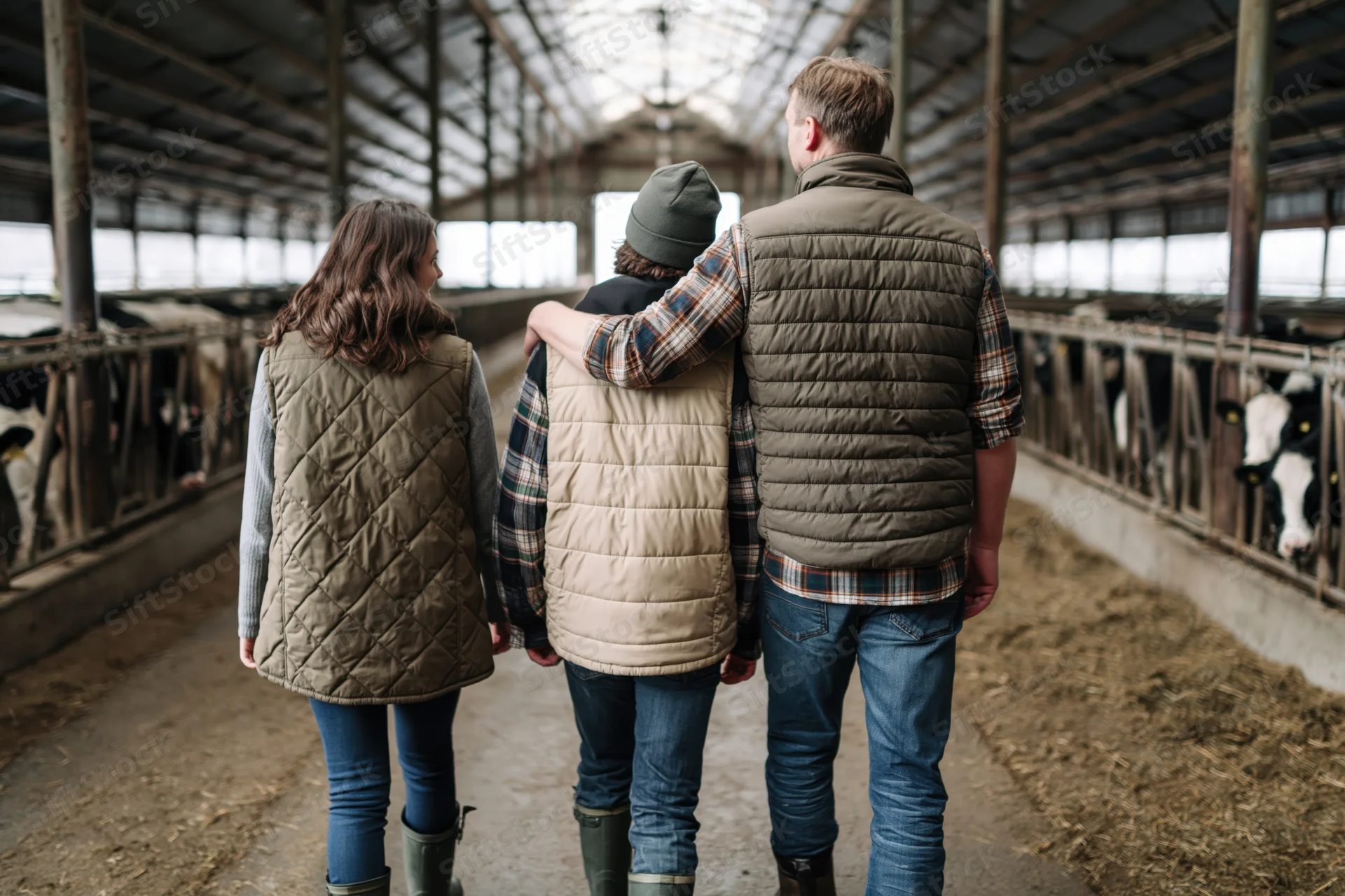 Family of three farmers walking down barn aisle with cattle on either side