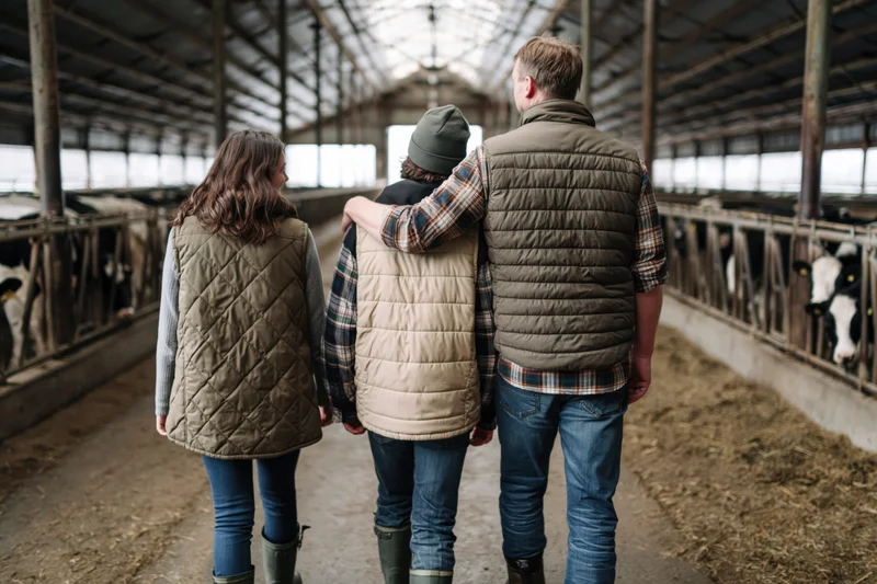 Family of three farmers walking down barn aisle with cattle on either side