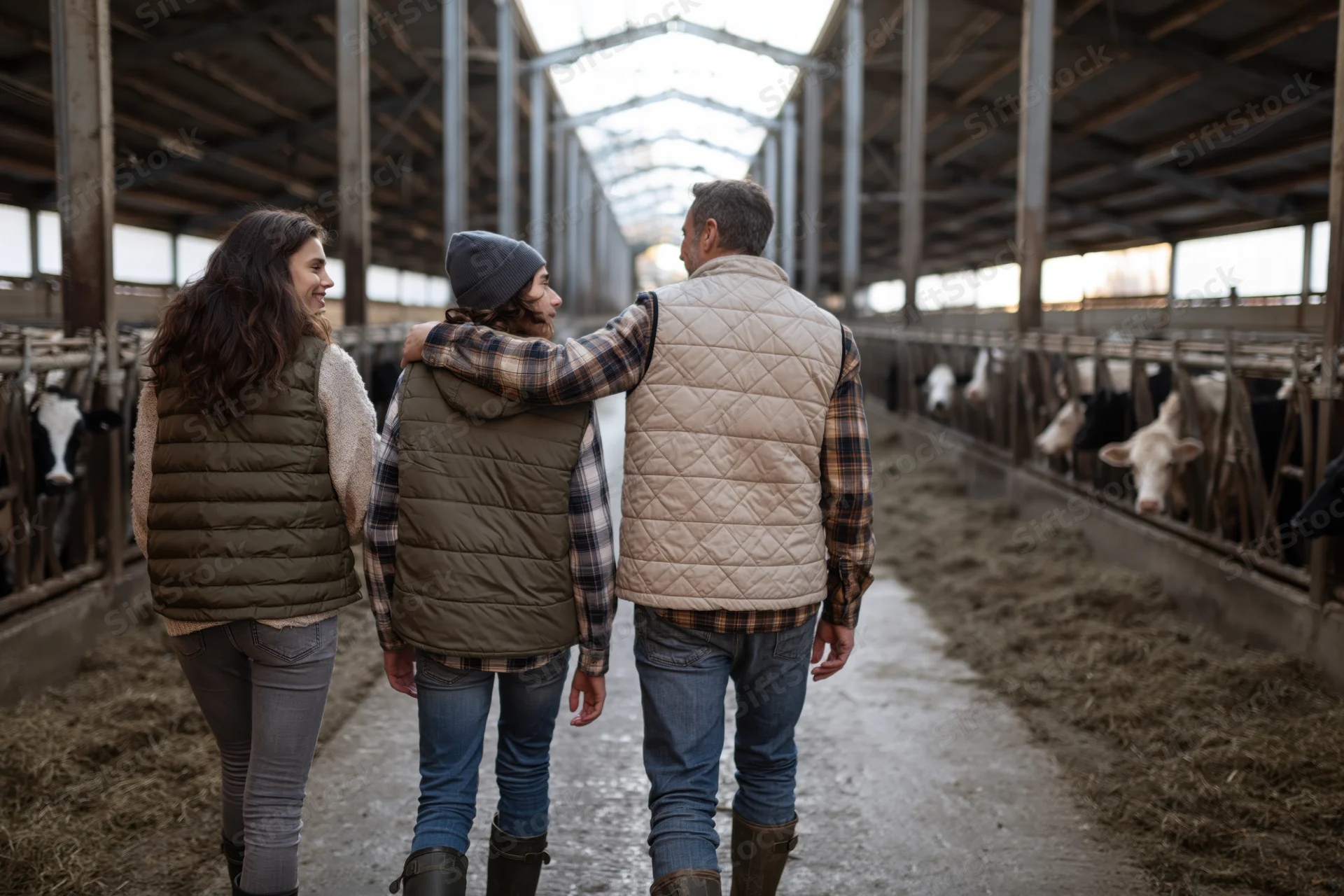 Family of three farmers walking away from camera down the barn aisle between cattle pens