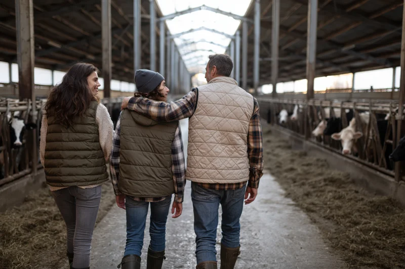 Family of three farmers walking away from camera down the barn aisle between cattle pens